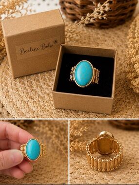 Curated Boho Turquoise Ring | Adjustable Gold Tone Statement Ring